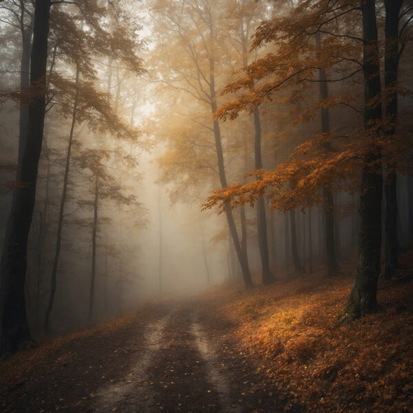 Foggy forest with trees and leaves Foggy forest with trees and leaves
