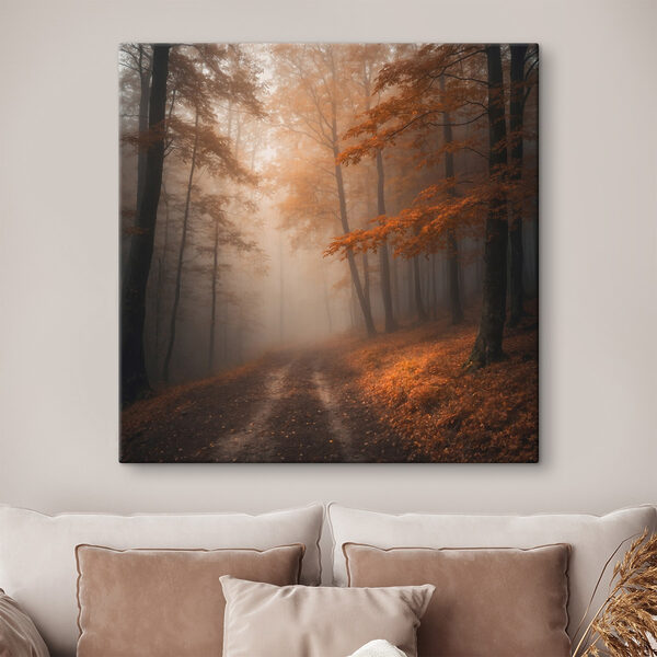 Foggy forest with trees and leaves Foggy forest with trees and leaves