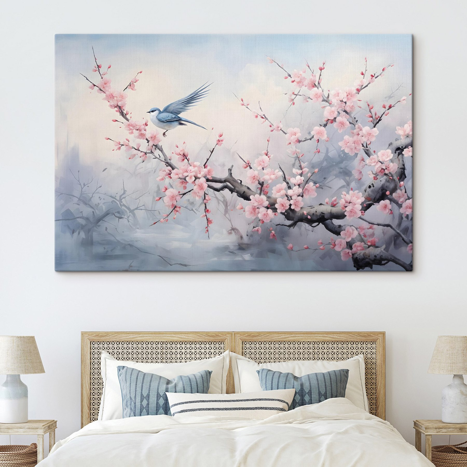 Bird on a branch with pink flowers Bird on a branch with pink flowers