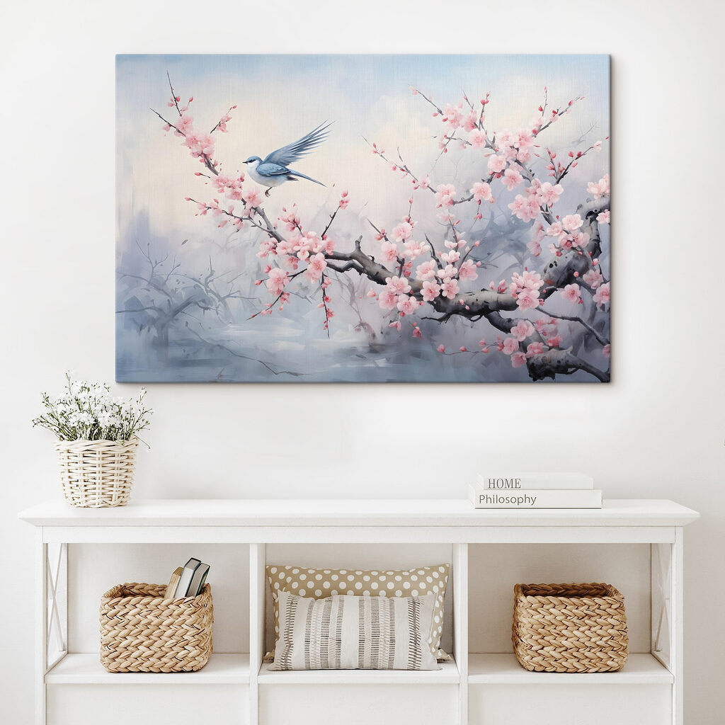 Bird on a branch with pink flowers Bird on a branch with pink flowers