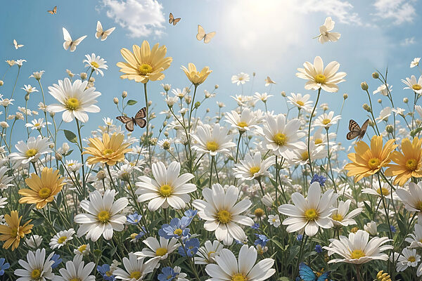 Group of butterflies flying over a field of flowers