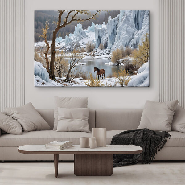 Quadri Quadri Cavallo in piedi sulla neve accanto a uno specchio d'acqua (COD: s41716)