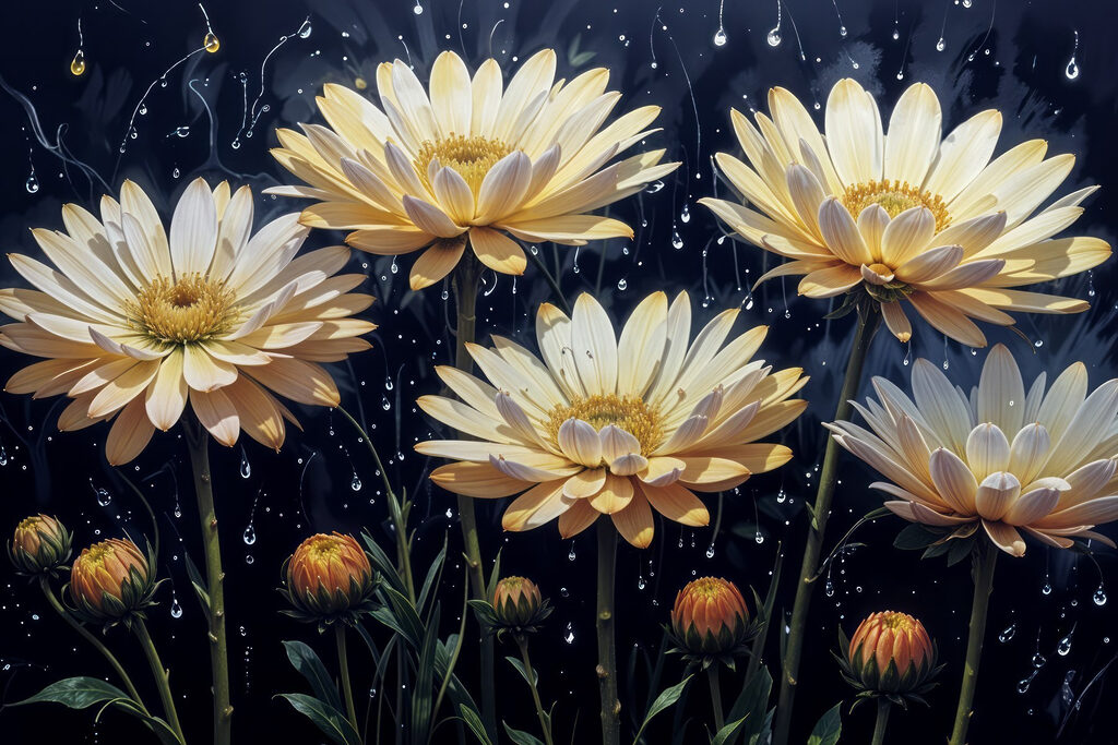 Group of flowers with water drops