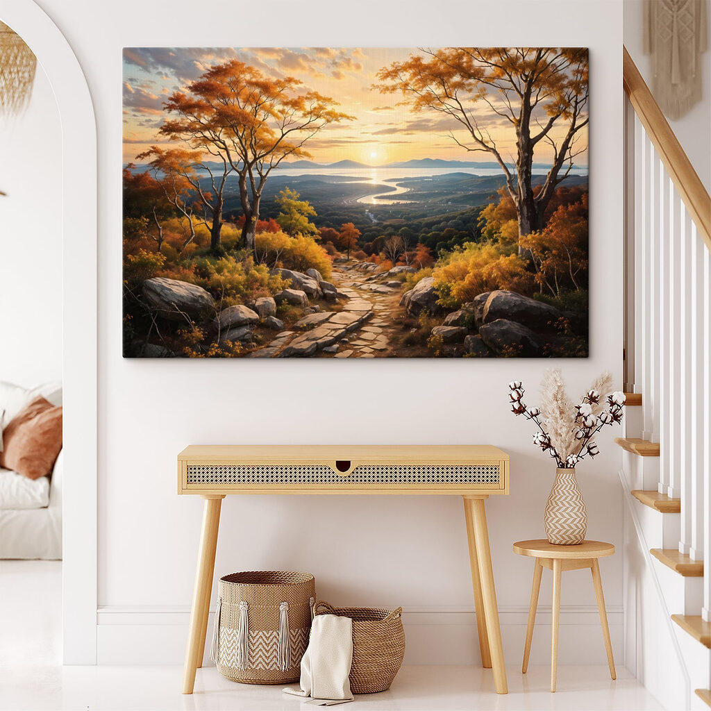 Path through a valley with trees and a river Path through a valley with trees and a river