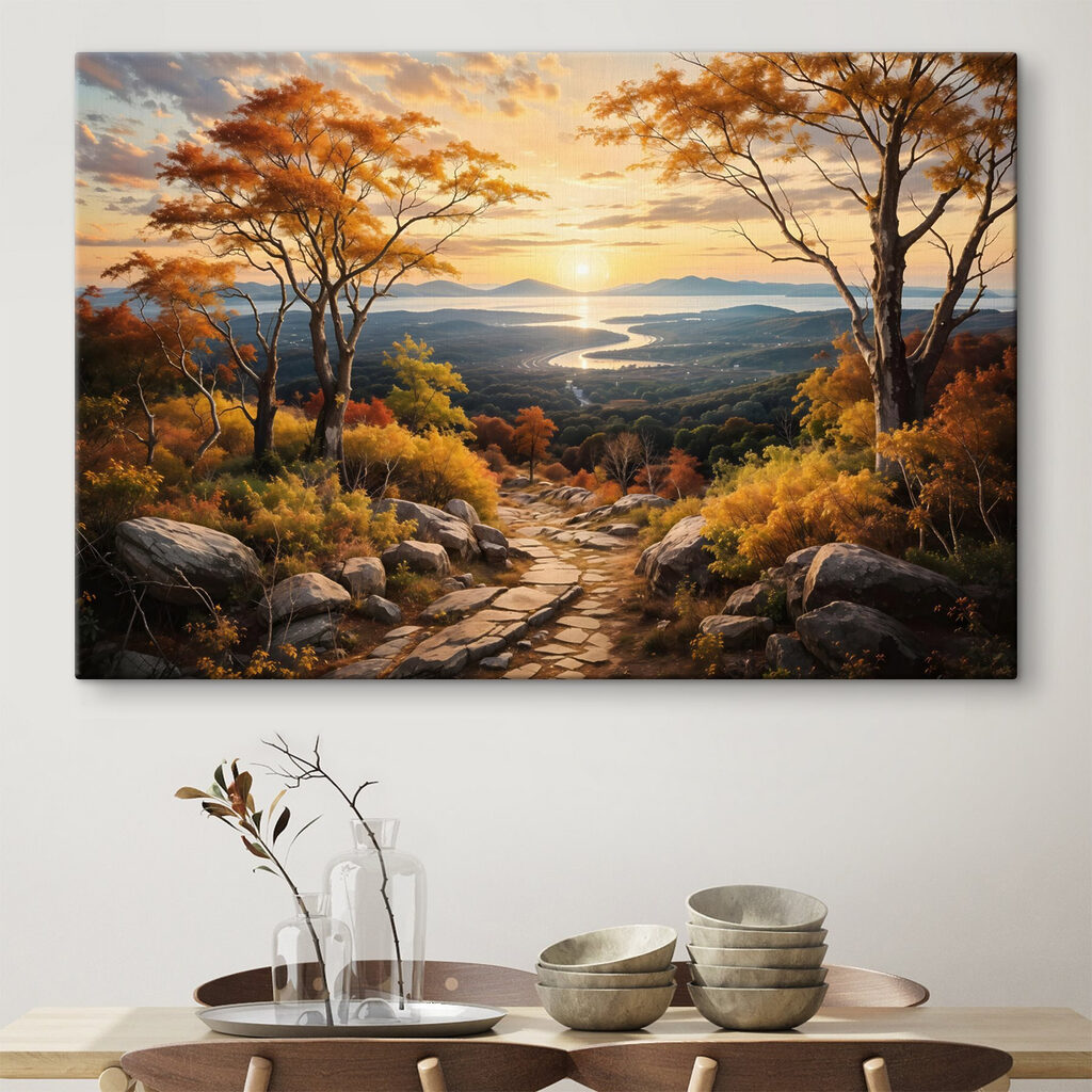Path through a valley with trees and a river Path through a valley with trees and a river