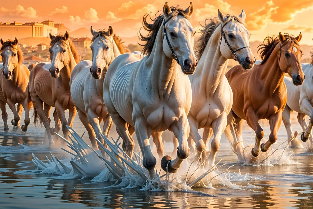 Group of horses running through water Group of horses running through water