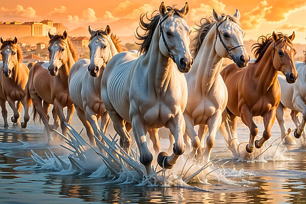 Group of horses running through water Group of horses running through water