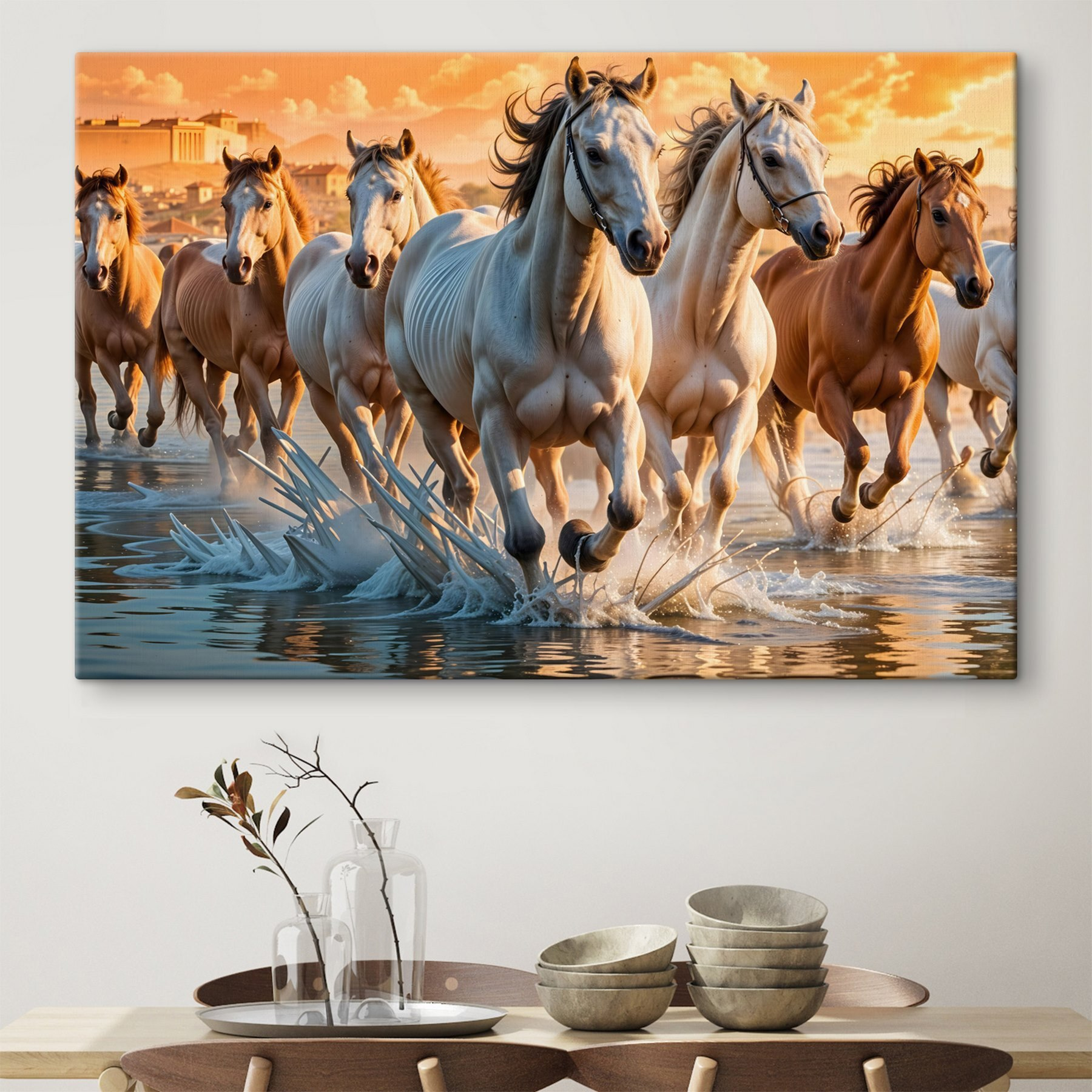 Group of horses running through water Group of horses running through water