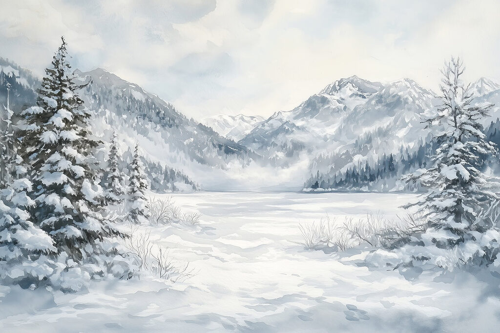 Paesaggio innevato con alberi e montagne Paesaggio innevato con alberi e montagne