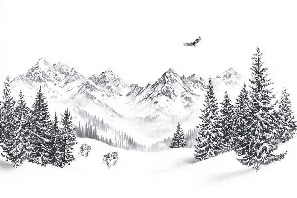 Paesaggio montano innevato con alberi e un uccello che vola sopra di esso Paesaggio montano innevato con alberi e un uccello che vola sopra di esso
