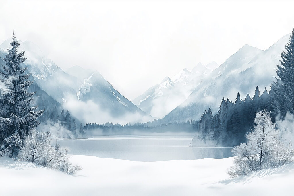 Lago circondato da neve e montagne Lago circondato da neve e montagne