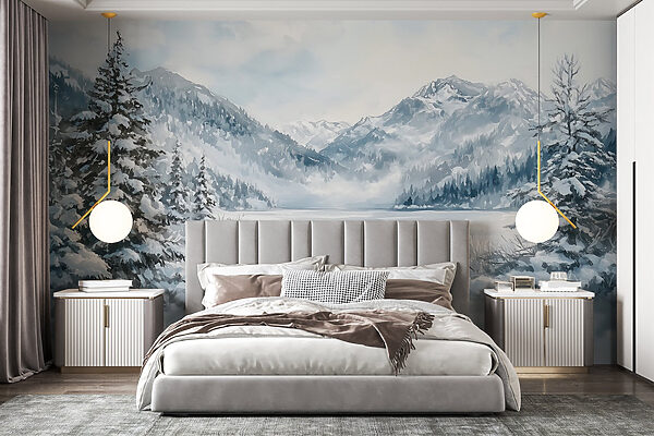 Paesaggio innevato con alberi e montagne Paesaggio innevato con alberi e montagne