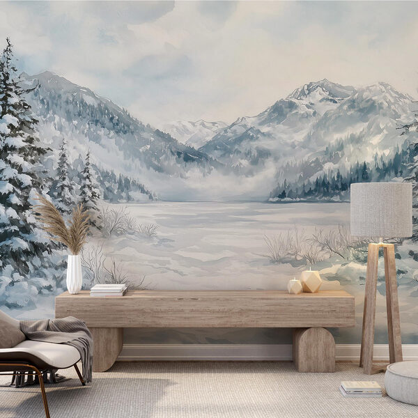 Paesaggio innevato con alberi e montagne Paesaggio innevato con alberi e montagne