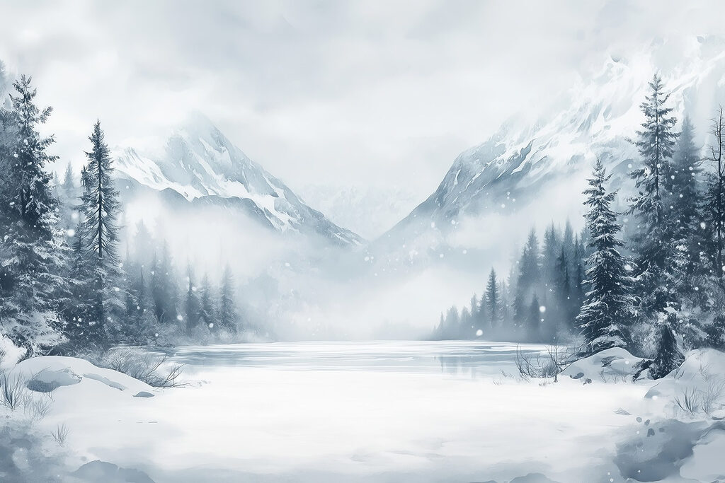 Paesaggio innevato con lago e montagne Paesaggio innevato con lago e montagne