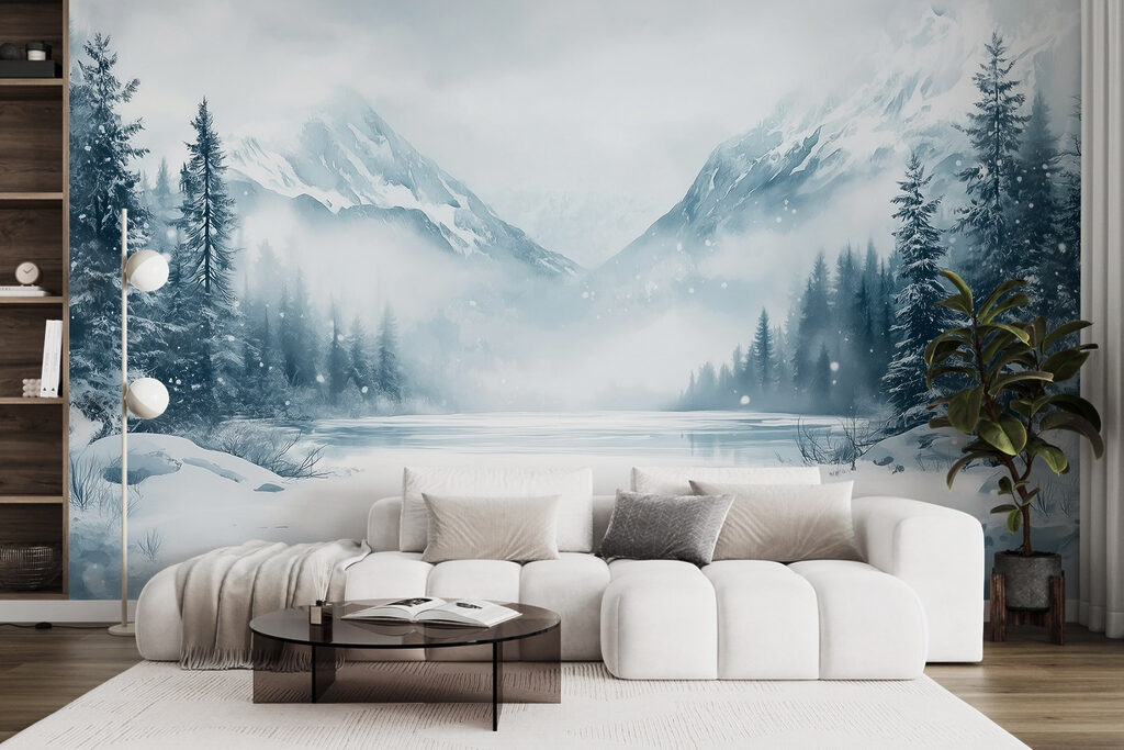 Snowy landscape with a lake and mountains Snowy landscape with a lake and mountains