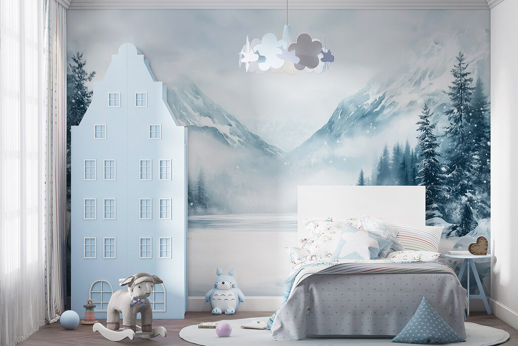 Snowy landscape with a lake and mountains Snowy landscape with a lake and mountains