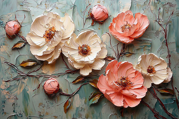 Painting of flowers on a blue surface Painting of flowers on a blue surface