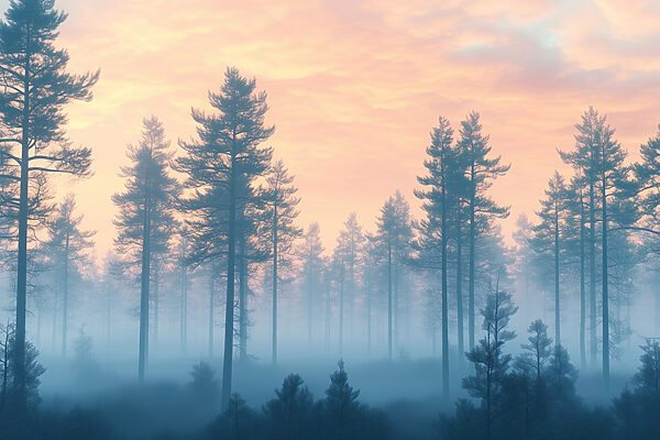 Foggy forest with trees Foggy forest with trees