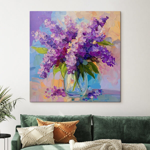 Quadri Quadri Dipinto raffigurante fiori viola in un vaso di vetro (COD: s41815)