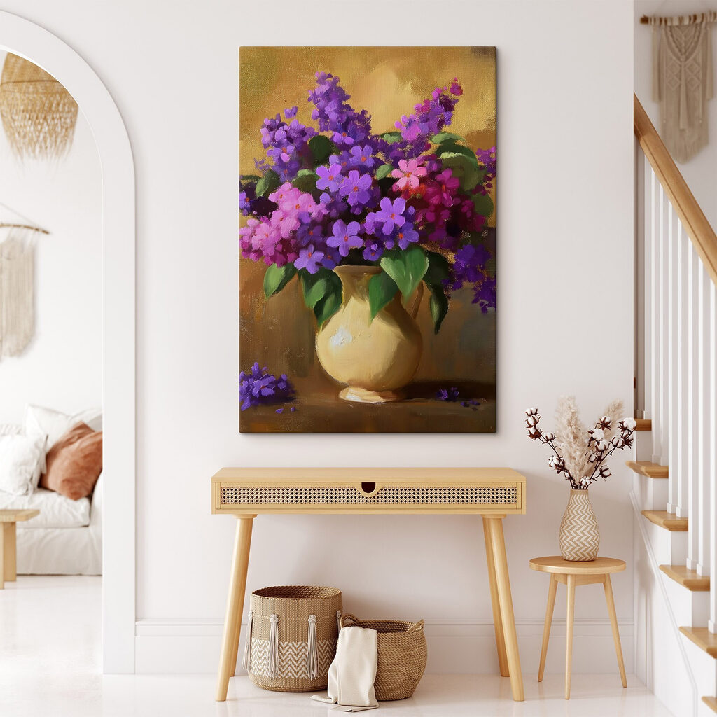 Painting of purple flowers in a vase Painting of purple flowers in a vase