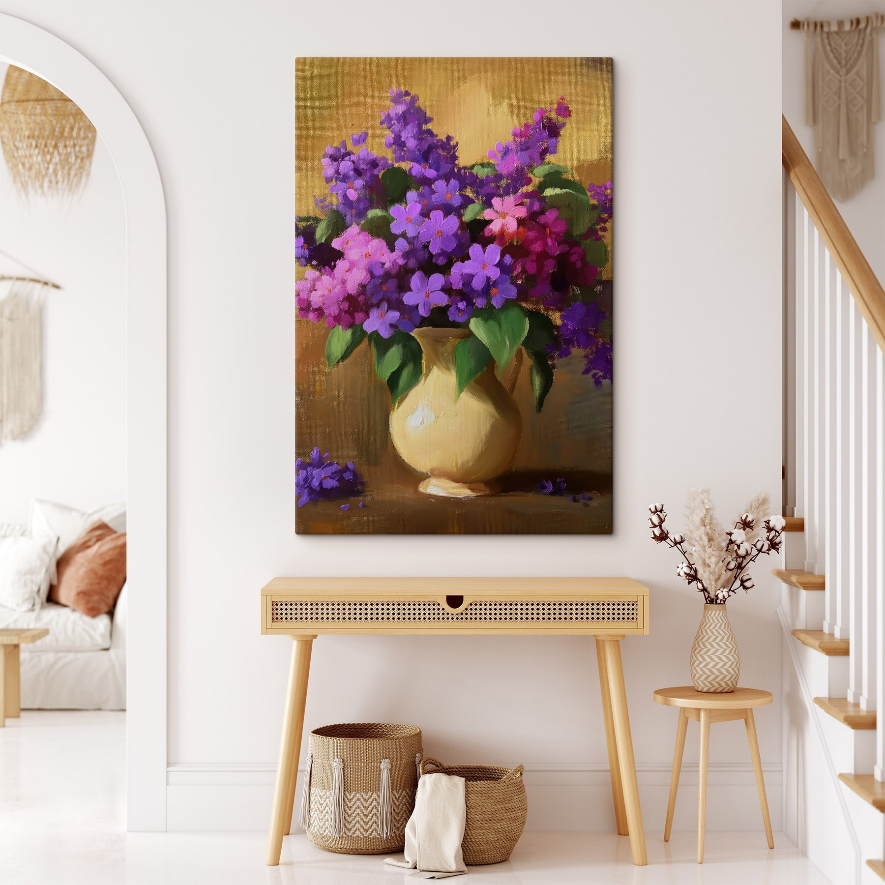 Painting of purple flowers in a vase Painting of purple flowers in a vase