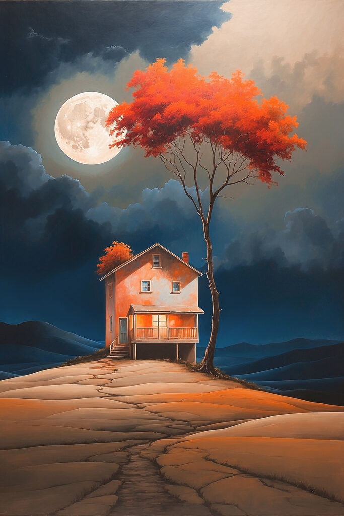 Painting of a house with a tree and a moon in the sky