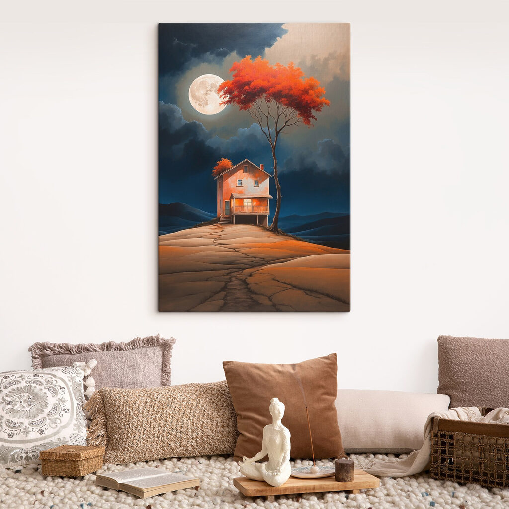 Painting of a house with a tree and a moon in the sky