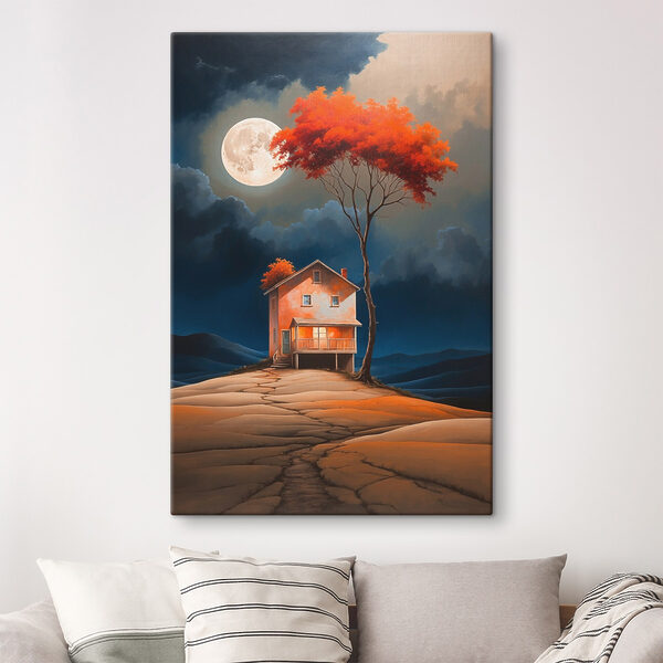 Painting of a house with a tree and a moon in the sky