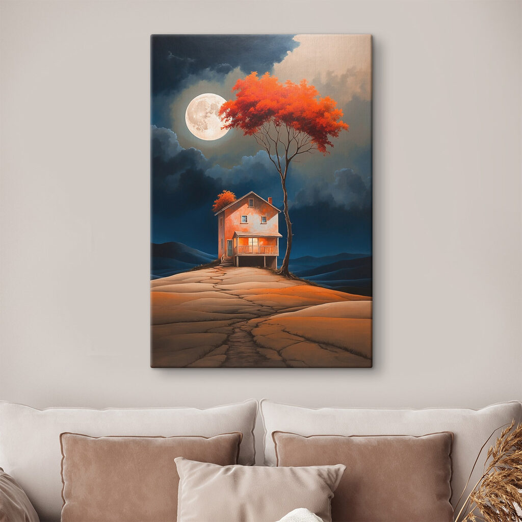 Painting of a house with a tree and a moon in the sky
