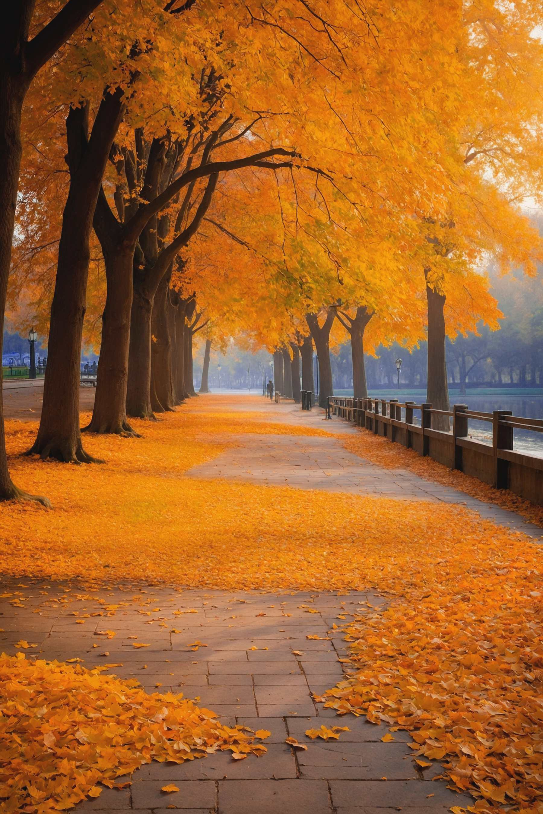 Path with orange leaves on the ground Path with orange leaves on the ground