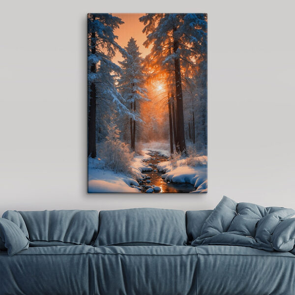 Snowy forest with trees and a stream