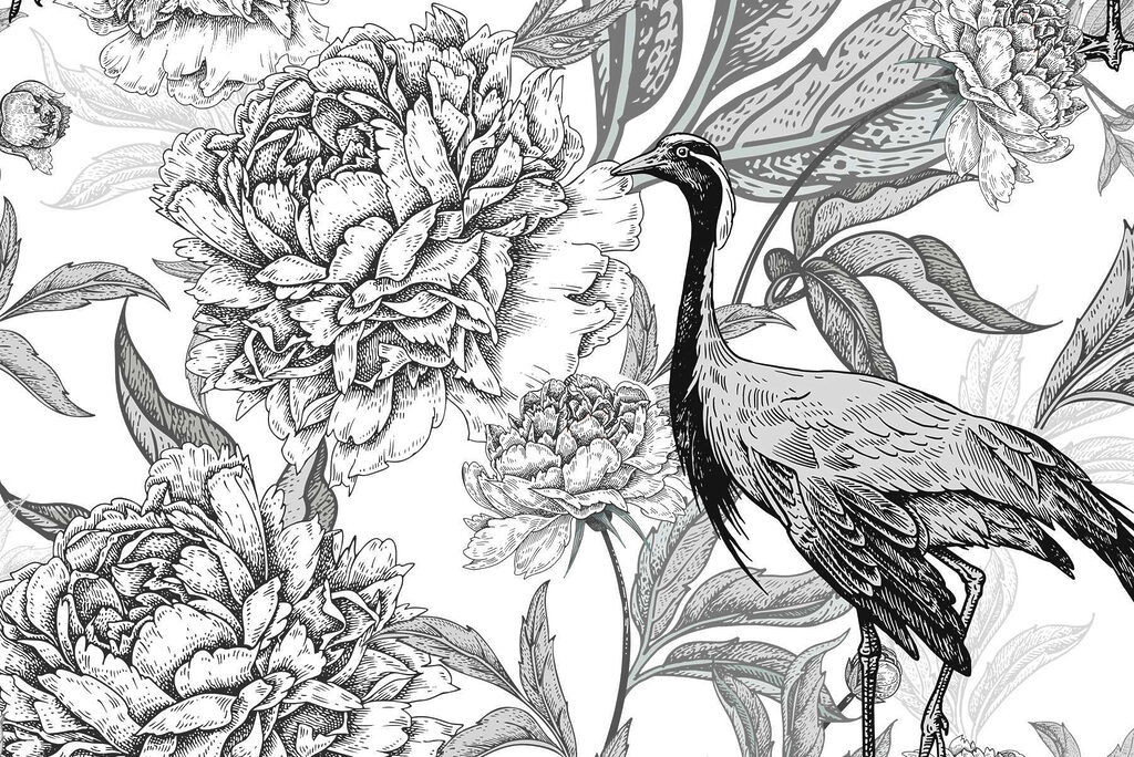 Uccello e fiori su sfondo bianco Uccello e fiori su sfondo bianco