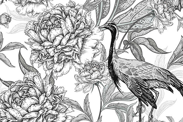 Uccello e fiori su sfondo bianco Uccello e fiori su sfondo bianco