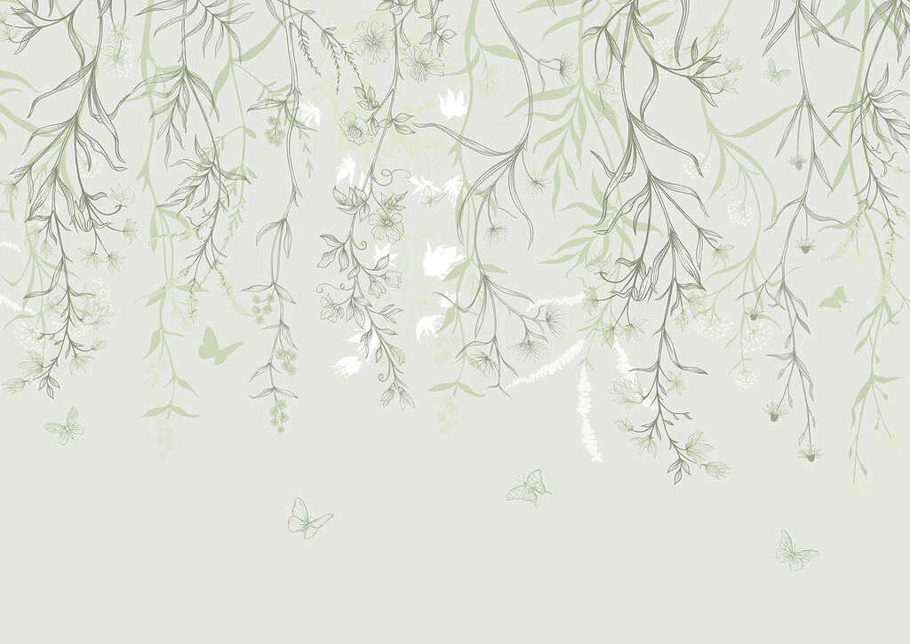Illustrazione botanica serena con farfalle Illustrazione botanica serena con farfalle