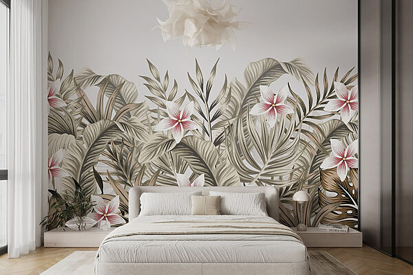 Fogliame tropicale con accenti floreali Fogliame tropicale con accenti floreali