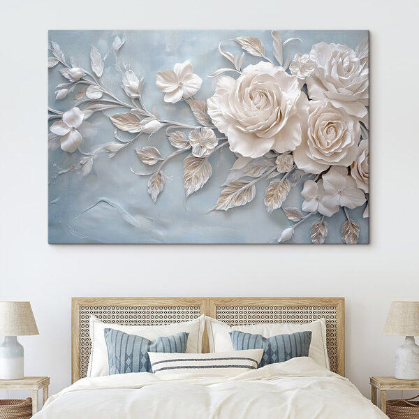 Quadri Quadri Fiori bianchi e foglie su uno sfondo blu (COD: s41858)