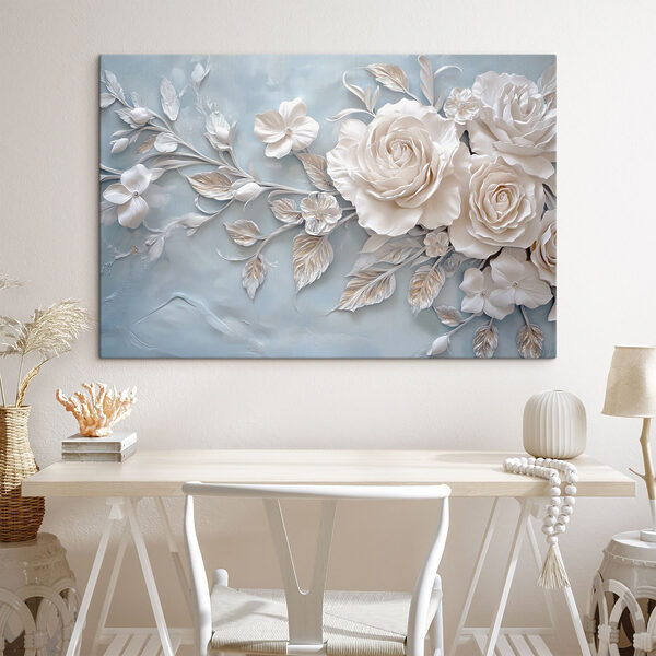 White flowers and leaves on a blue surface White flowers and leaves on a blue surface