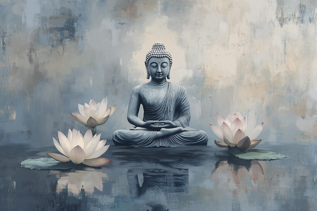 Statue of a buddha sitting in a lotus position surrounded by water Statue of a buddha sitting in a lotus position surrounded by water