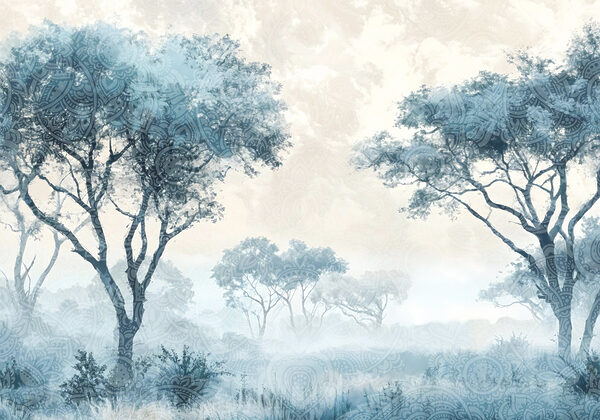 Paesaggio nebbioso con alberi e piante Paesaggio nebbioso con alberi e piante