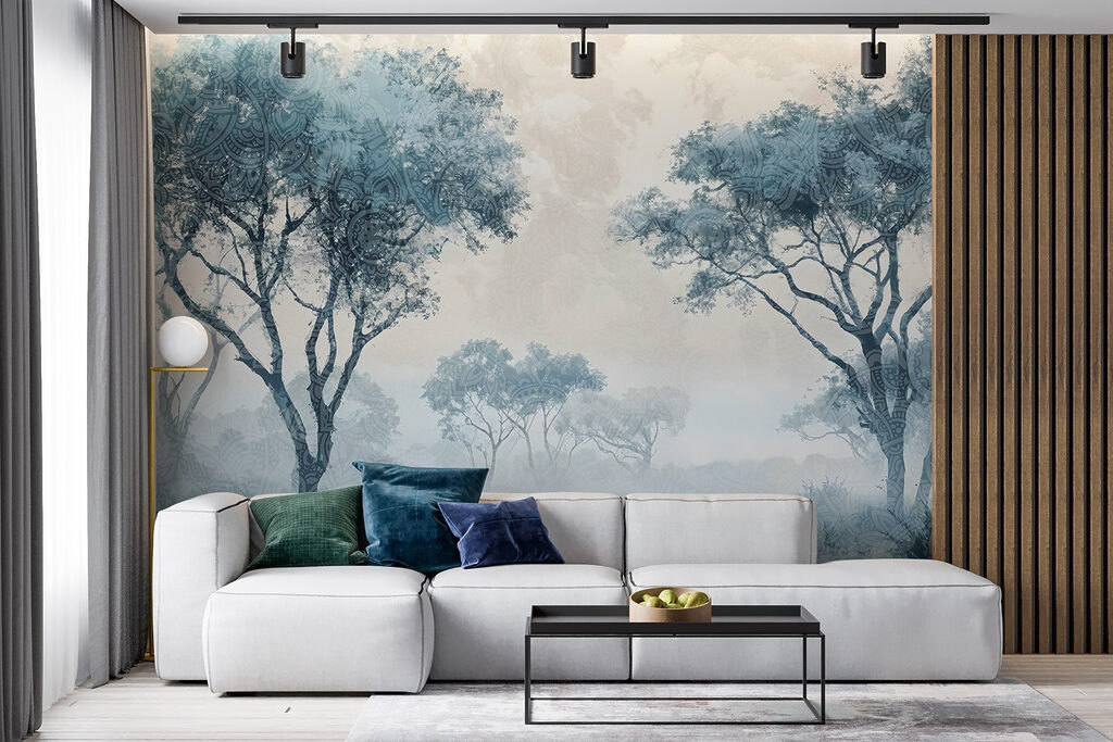 Foggy landscape with trees and plants