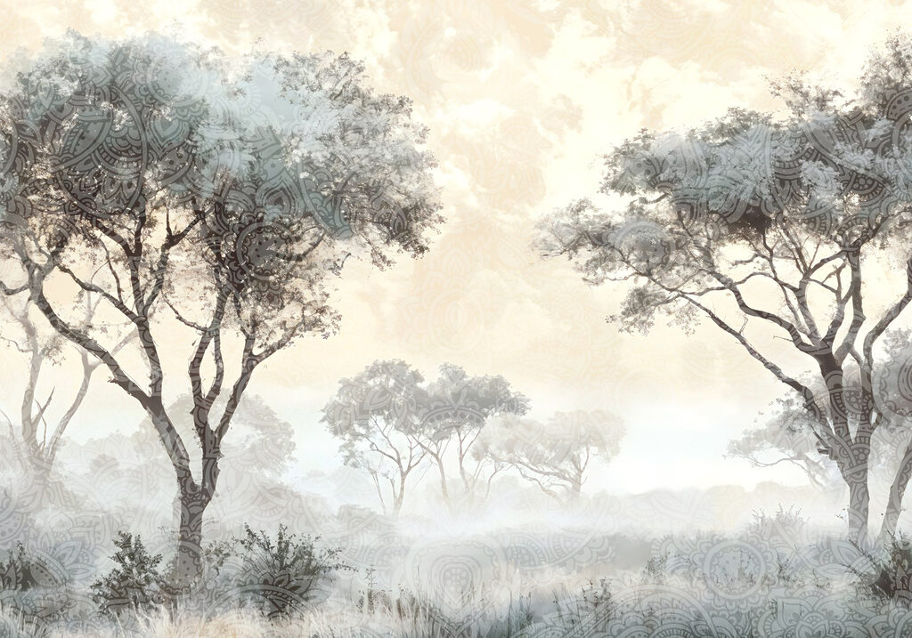 Paesaggio nebbioso con alberi e piante Paesaggio nebbioso con alberi e piante