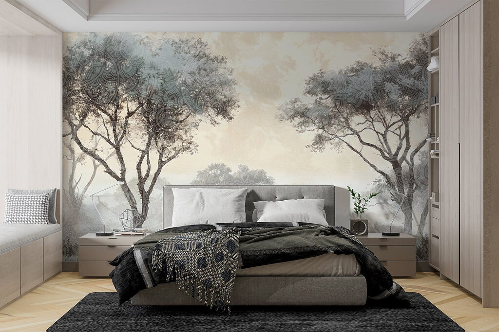 Foggy landscape with trees and plants