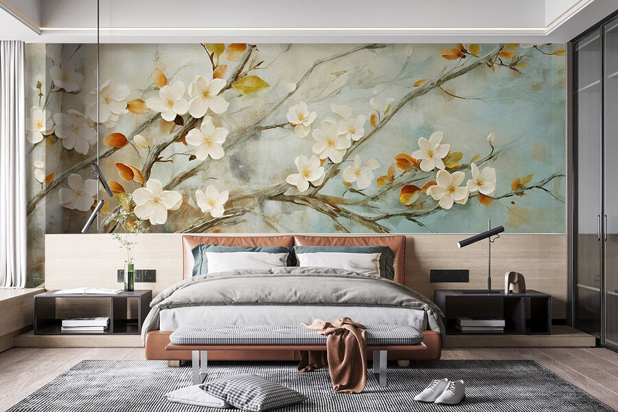 Pittura di un ramo con fiori bianchi Pittura di un ramo con fiori bianchi