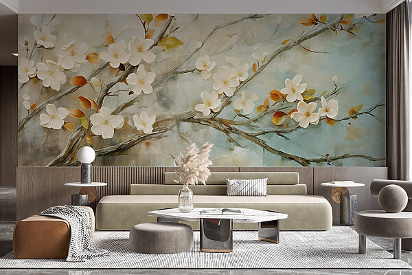 Pittura di un ramo con fiori bianchi Pittura di un ramo con fiori bianchi
