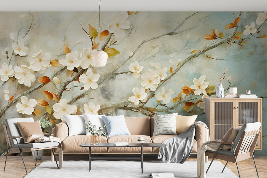 Pittura di un ramo con fiori bianchi Pittura di un ramo con fiori bianchi