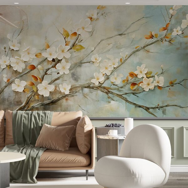 Pittura di un ramo con fiori bianchi Pittura di un ramo con fiori bianchi