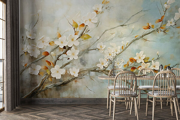 Pittura di un ramo con fiori bianchi Pittura di un ramo con fiori bianchi
