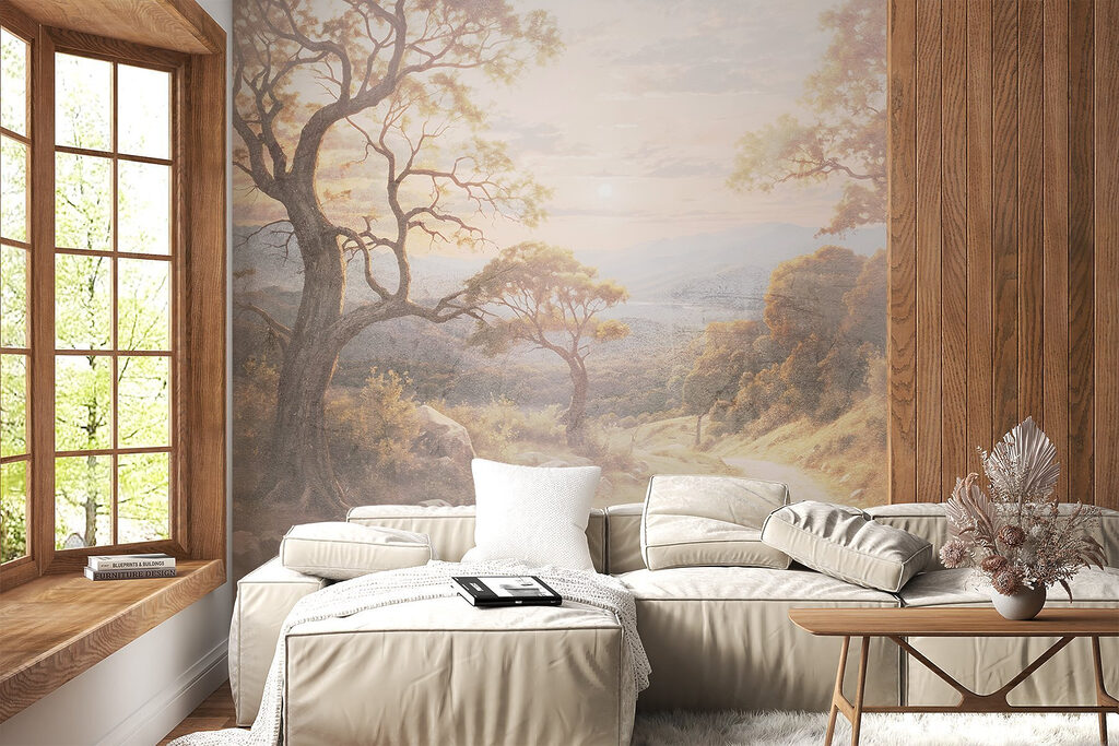 Dirt road with trees and mountains in the background