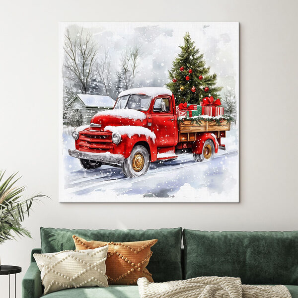 Quadri Camioncino rosso con un albero di Natale sul retro