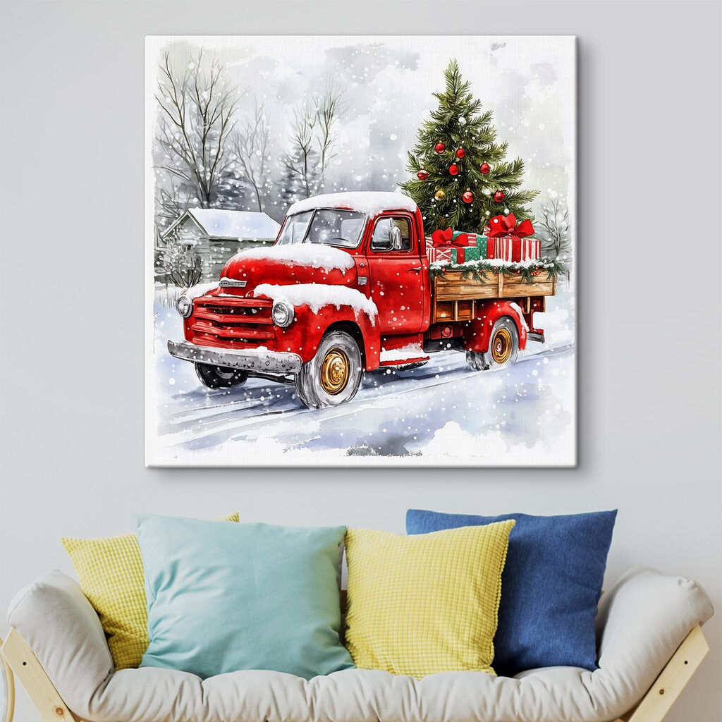 Red truck with a christmas tree on the back Red truck with a christmas tree on the back